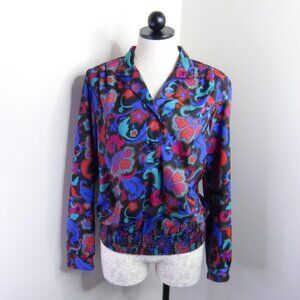 Vintage Maycene Women's M Multicolor Funky Retro Polyester Satin Blouson Blouse